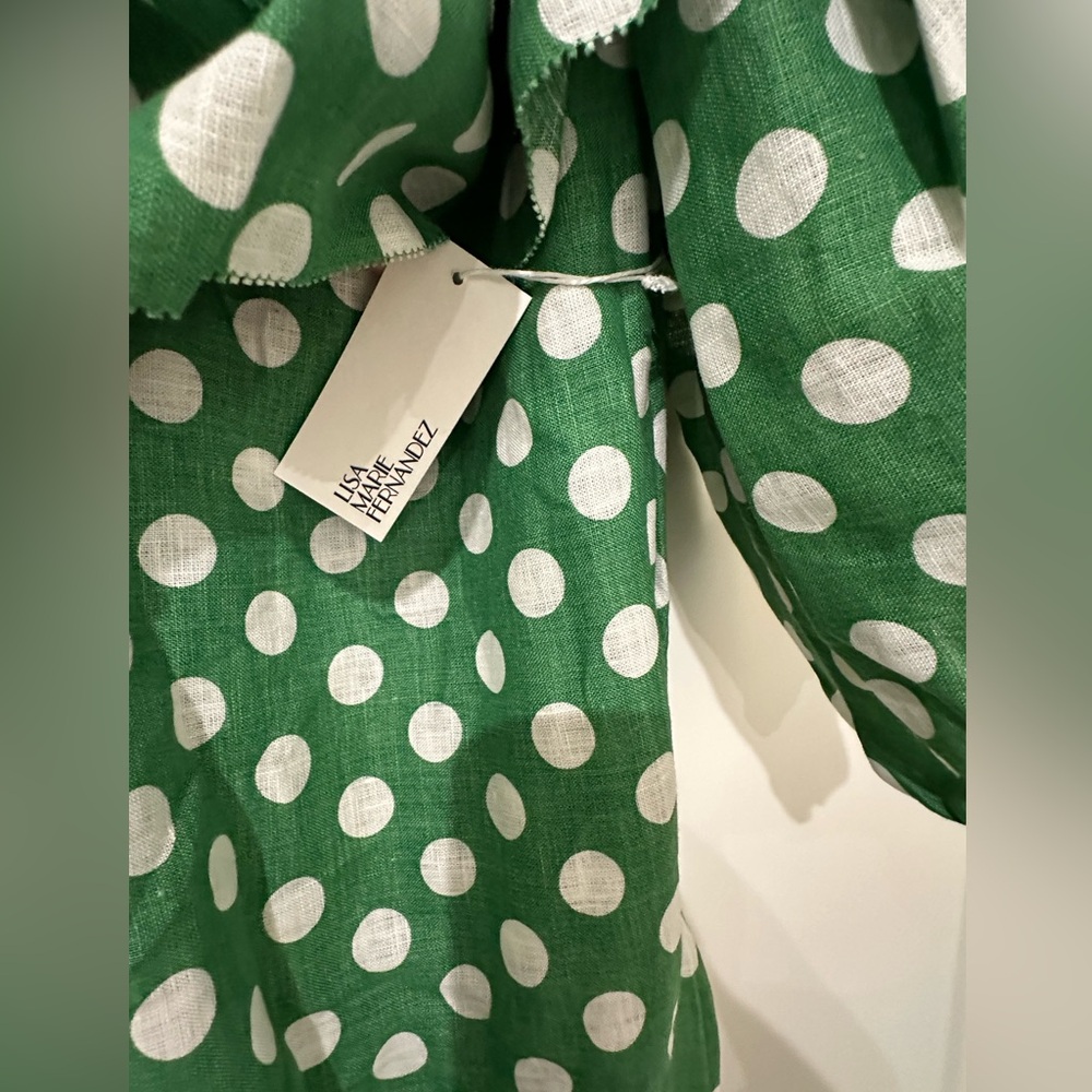 NWT Lisa Marie Fernandez Arden One Shoulder Linen Green & White Polka Dot Dress - Picture 6 of 10
